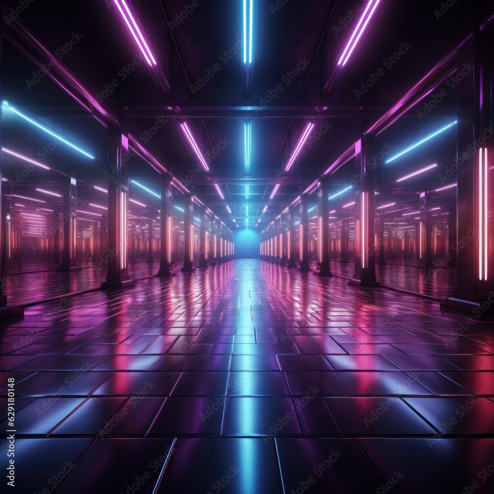 hallway with neon tones and purple lines. Futuristic retro style