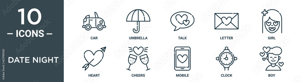 date night outline icon set includes thin line car, umbrella, talk, letter, girl, heart, cheers icons for report, presentation, diagram, web design
