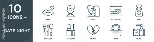 date night outline icon set includes thin line kiss, boy, kiss, calendar, vial, cutlery, make up icons for report, presentation, diagram, web design