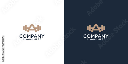 Letter a logo with barbell. fitness gym logo. fitness vector logo design for gym and fitness.