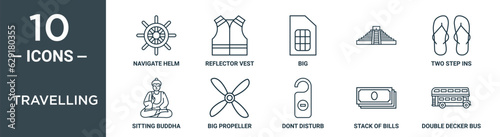 travelling outline icon set includes thin line navigate helm, reflector vest, big, , two step ins, sitting buddha, big propeller icons for report, presentation, diagram, web design