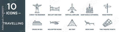 travelling outline icon set includes thin line christ the redemeer, bed left side view, vertical airplane, saint basils cathedral, road pointer, cruise on sea, helicopter facing right icons for