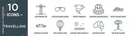 travelling outline icon set includes thin line lighthouse on, aviator sunglasses, north america, camping backpackage, yatch facing right, cabriolet facing right, hot air balloon flying icons for
