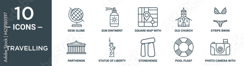 travelling outline icon set includes thin line desk globe, sun ointment, square map with placeholder, old church, stripe bikini, parthenon, statue of liberty icons for report, presentation, diagram,