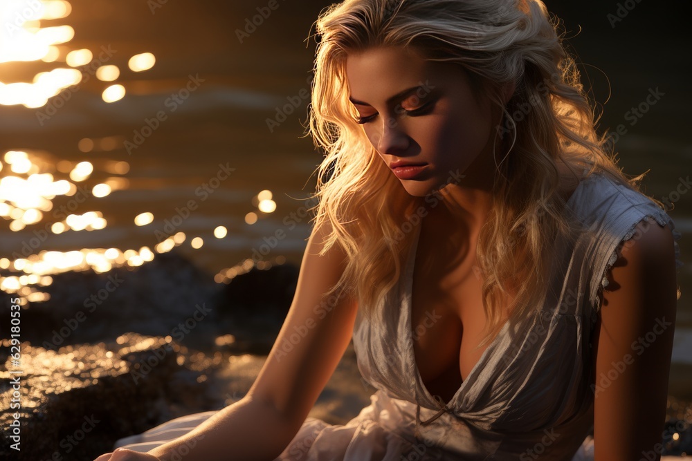 young woman on the beach at sunset suffering from depression, sadness and loneliness