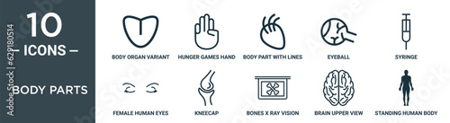 body parts outline icon set includes thin line body organ variant with line, hunger games hand gesture, body part with lines, eyeball, syringe, female human eyes, kneecap icons for report,