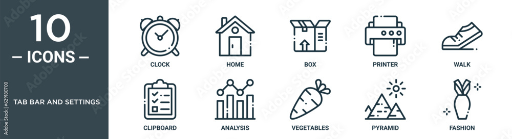 tab bar and settings outline icon set includes thin line clock, home ...