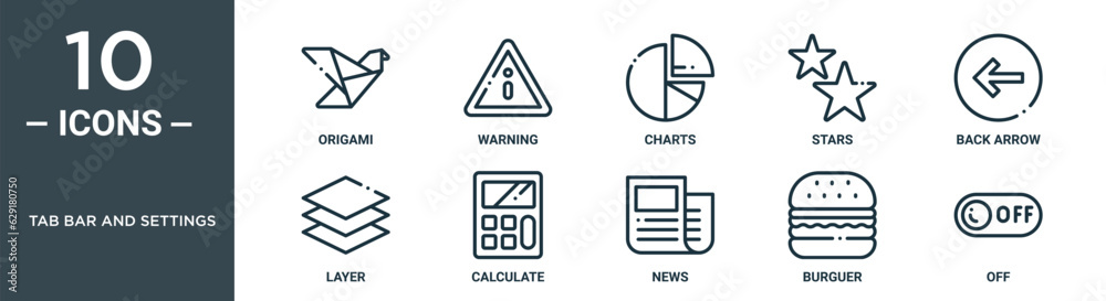 tab bar and settings outline icon set includes thin line origami, warning, charts, stars, back arrow, layer, calculate icons for report, presentation, diagram, web design tab bar and settings outline icon set includes thin line origami, warning, charts, stars, back arrow, layer, calculate icons for report, presentation, diagram, web design