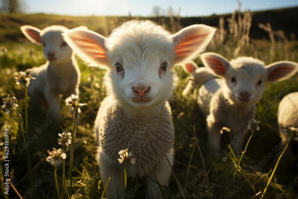 Fototapeta premium cute lambs looking at the camera on a sunny spring day at an organic farm