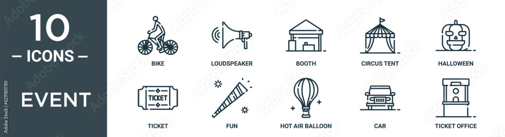 event outline icon set includes thin line bike, loudspeaker, booth, circus tent, halloween, ticket, fun icons for report, presentation, diagram, web design event outline icon set includes thin line bike, loudspeaker, booth, circus tent, halloween, ticket, fun icons for report, presentation, diagram, web design
