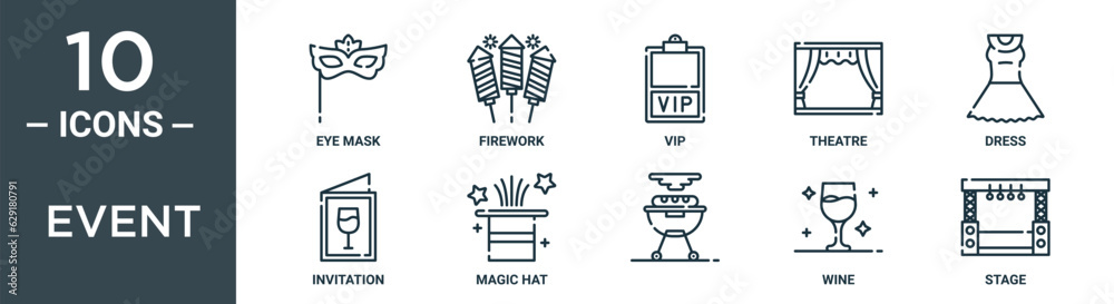 event outline icon set includes thin line eye mask, firework, vip, theatre, dress, invitation, magic hat icons for report, presentation, diagram, web design event outline icon set includes thin line eye mask, firework, vip, theatre, dress, invitation, magic hat icons for report, presentation, diagram, web design