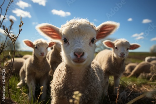 cute lambs looking at the camera on a sunny spring day at an organic farm