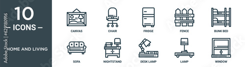 home and living outline icon set includes thin line canvas, chair, fridge, fence, bunk bed, sofa, nightstand icons for report, presentation, diagram, web design