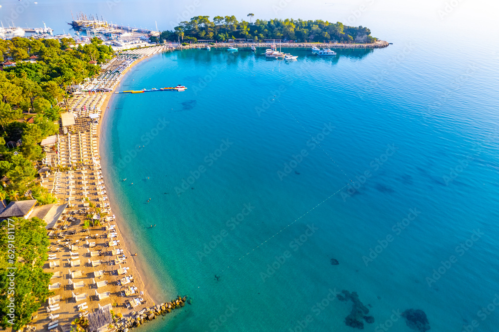 Naklejka premium Kemer, Antalya, Turkey. Aerial view of Moonlight Beach in Kemer. Beautiful turquoise colors of Mediterranean sea. Drone shot.