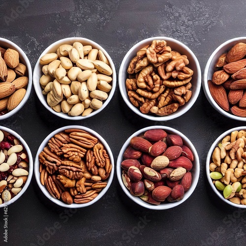 Set of pecan, pistachios, almond, peanut, cashew, pine nuts and lined up assorted nuts and dried fruits in a mini different bowls on a black stone background