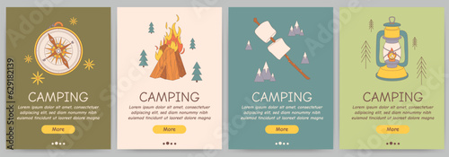 Set of promotional flyers for camping, travel, hiking, picnic. Vector illustration for poster, banner, cover, advertisement, web page.
