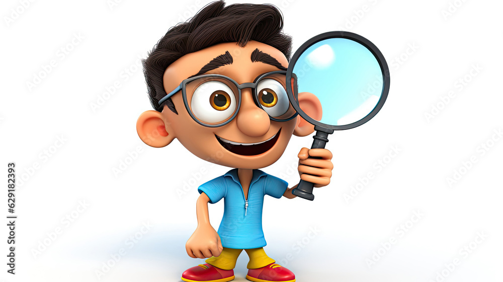 3D cartoon render of a man with magnifying glass, on white background 3D cartoon render of a man with magnifying glass, on white background
