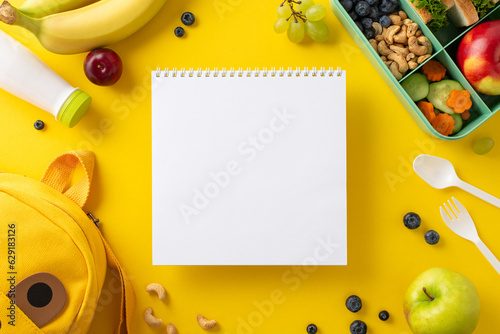 Papier peint Promote wellness in school with top view of plastic lunchbox, filled with natural goodies, yogurt, and cutlery