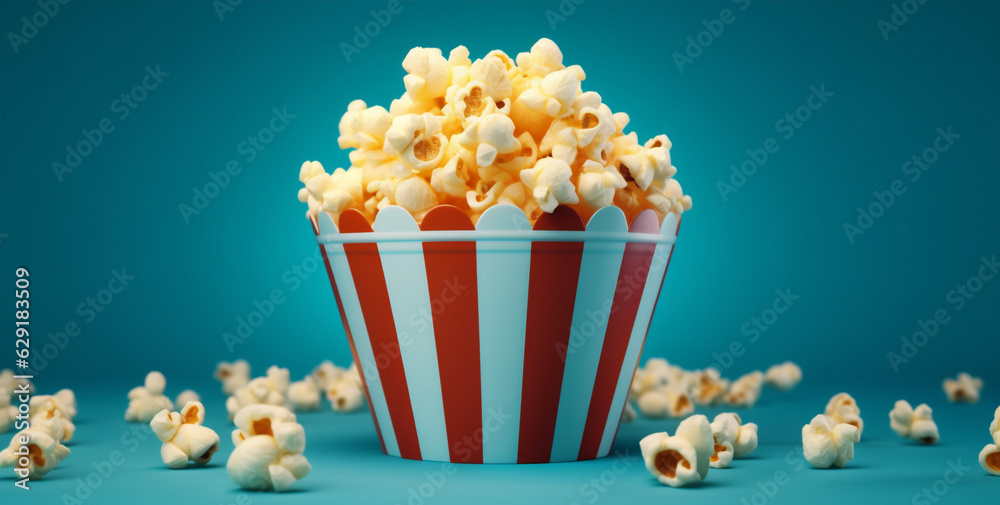 background box popcorn bucket snack food film corn blue cinema red. Generative AI.