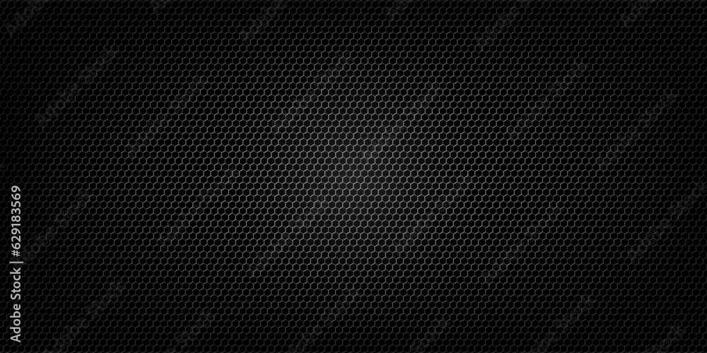 Dark grey abstract wide horizontal banner with hexagon carbon fiber grid and orange luminous lines. Technology vector background with orange neon lines