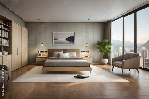 Interior of a cozy modern bedroom in light brown