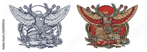 Roman Empire. Colosseum, eagle and crossed swords. History of Italy. Ancient Rome art collection. Tattoo and t-shirt design