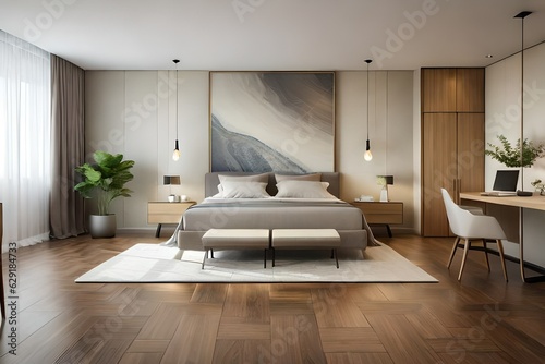 Interior of a cozy modern bedroom in light brown