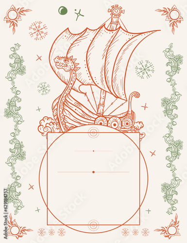 Viking boat. Drakkar ship. Valhalla art. Northern history template. Medieval barbarian and long boat. Scandinavian background