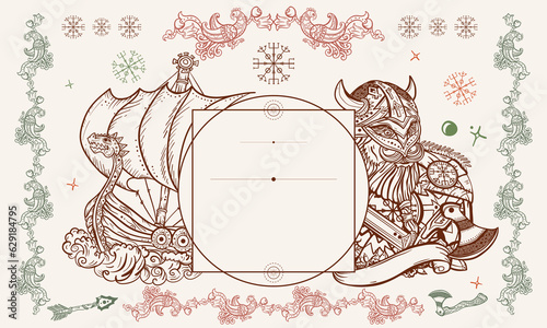 Vikings retro background. Valhalla art. Northern history template. Medieval barbarian and long boat. Scandinavian culture