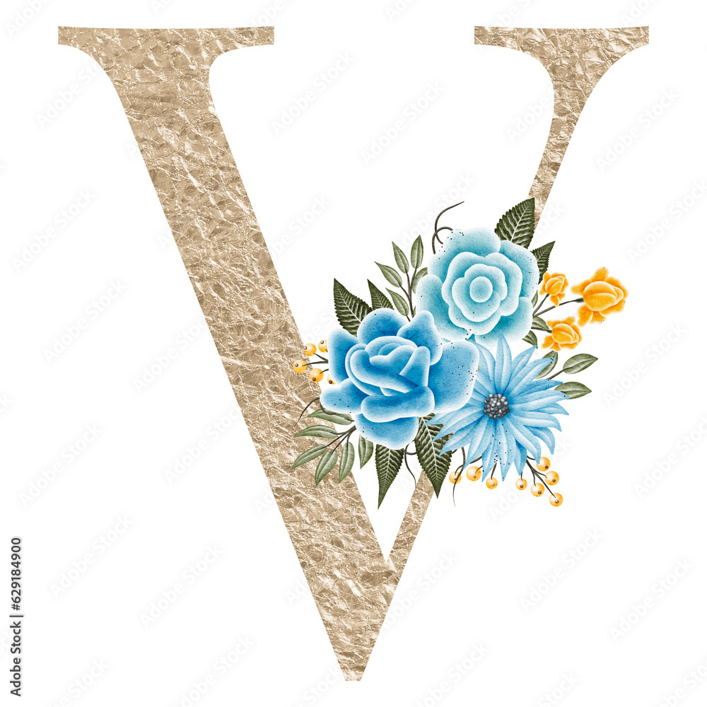 Floral alphabet, gold letter with watercolor flowers and leaf. Hand ...