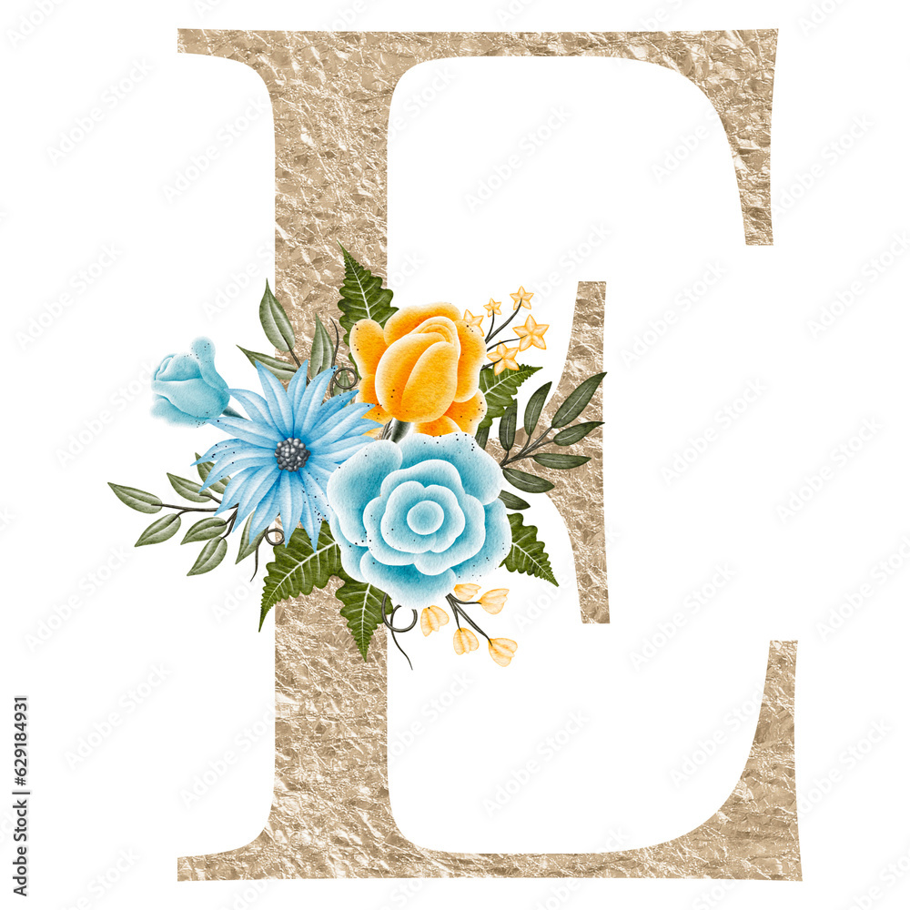 Floral alphabet, gold letter with watercolor flowers and leaf. Hand ...