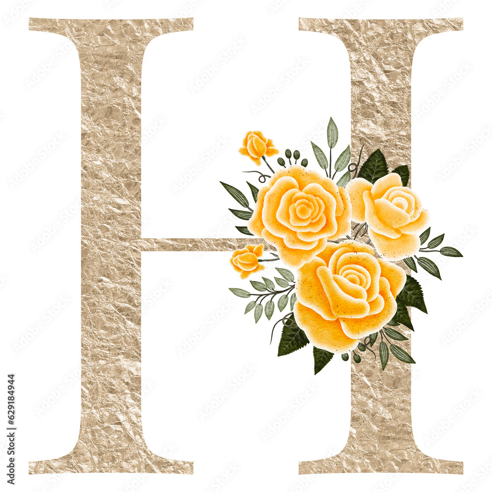 Floral alphabet, gold letter with watercolor flowers and leaf. Hand ...
