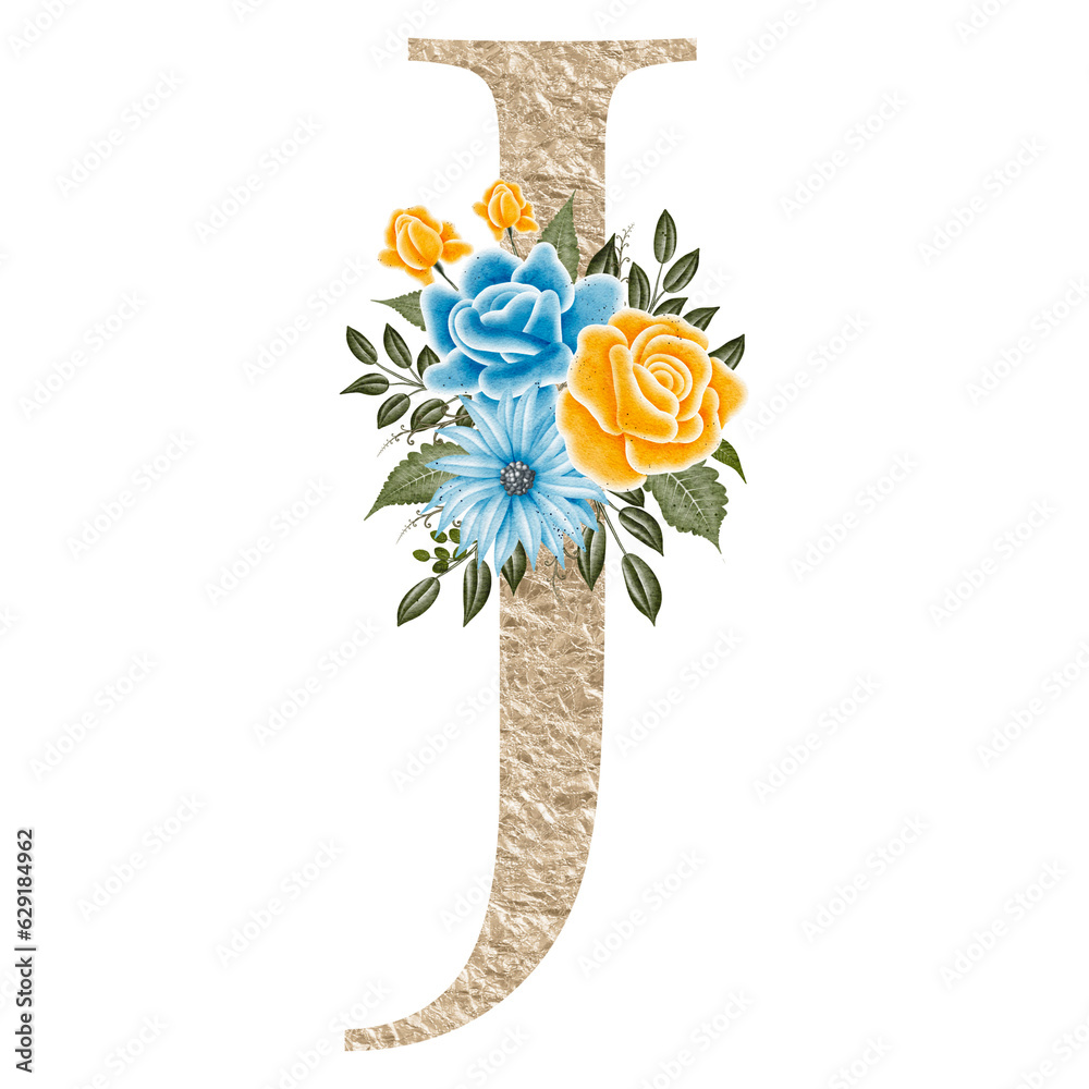 Floral alphabet, gold letter with watercolor flowers and leaf. Hand ...