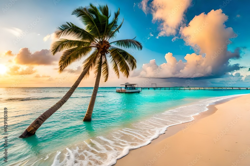 Beautiful tropical beach with white sand, turquoise ocean on background blue sky with clouds on sunny summer day. Palm tree leaned over water