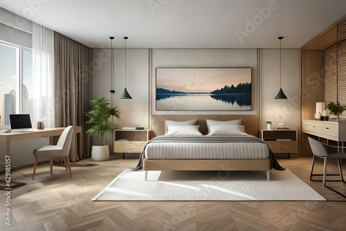 Interior of a cozy modern bedroom in light brown