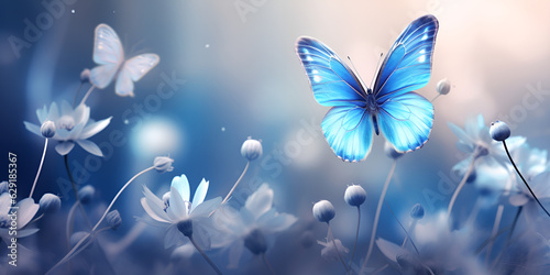 Blue butterflies on a blue background, blue butterfly on white flowers,