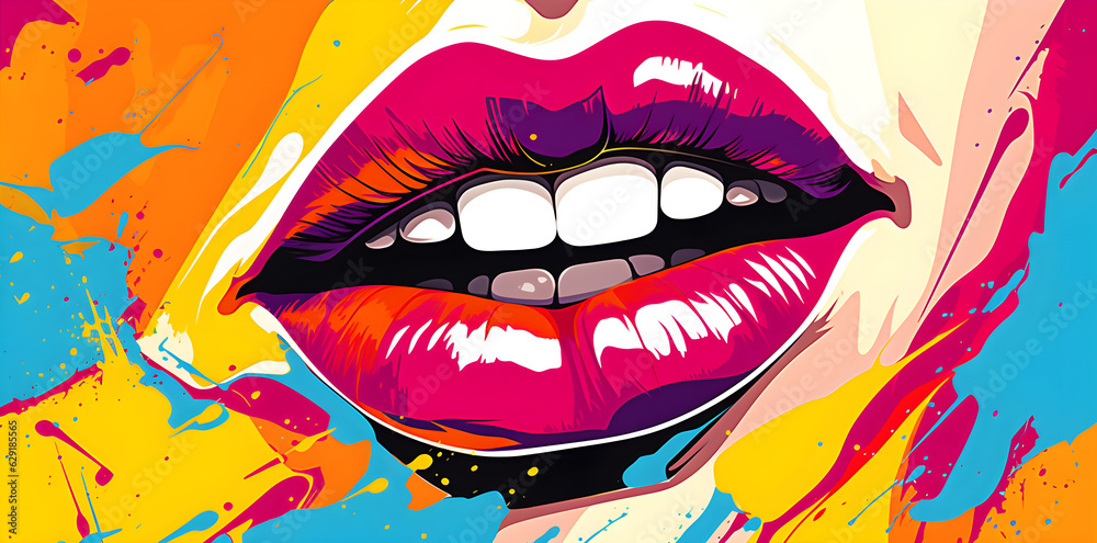 Woman's mouth with colorful lips and a smile in the style of pop art created with Generative AI technology Woman's mouth with colorful lips and a smile in the style of pop art created with Generative AI technology