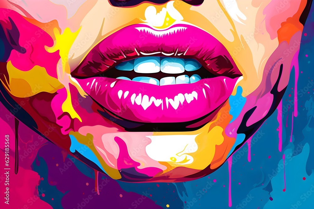 Obraz premium Woman's mouth with colorful lips and a smile in the style of pop art created with Generative AI technology