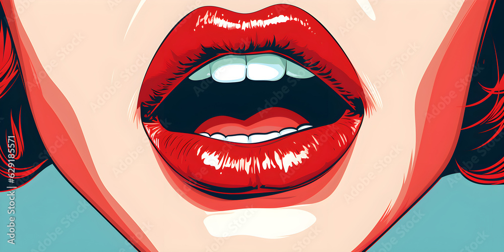 Woman's mouth with colorful lips and a smile in the style of  pop art created with Generative AI technology - obrazy, fototapety, plakaty 