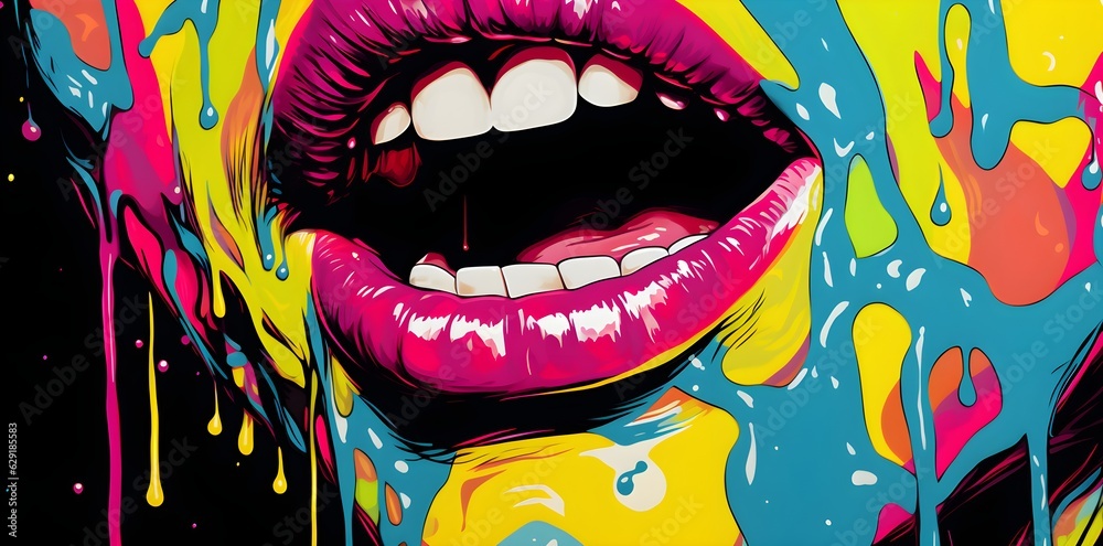 Woman's mouth with colorful lips and a smile in the style of  pop art created with Generative AI technology