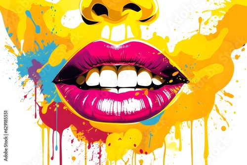 Woman's mouth with colorful lips and a smile in the style of pop art created with Generative AI technology