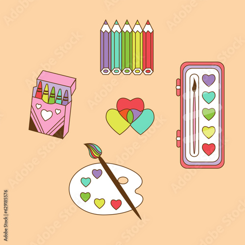 Set of isolated elements. School badges, stickers, print, decor, pencils, paints, palette.
