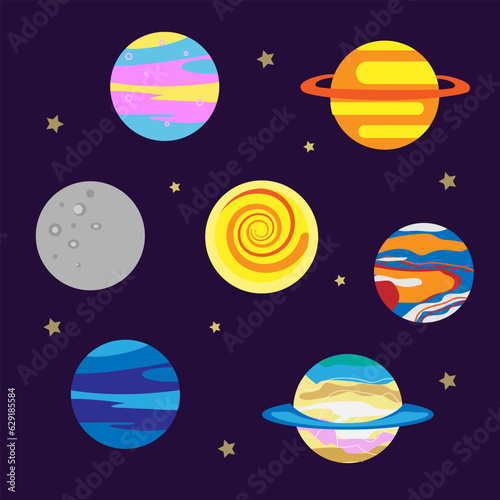 Set of planets and stars in space. Isolated elements, bright badges, icons, print, decor.