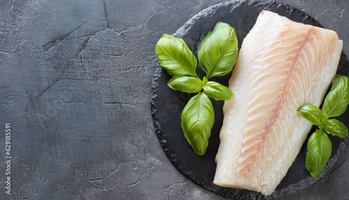 Foto Fresh raw cod fillet with basil on a stone plate, horizontal, copy space, top vi