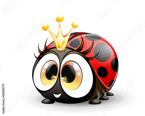 Cute cartoon little ladybug princess with big eyes and golden crown. Isolated.