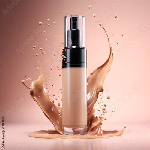 Realistic Liquid makeup foundation bottle with cosmetic cream splash created with Generative AI technology