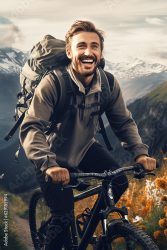 Smiling male cyclist with a tourist backpack rides in the mountains, tourism, travel