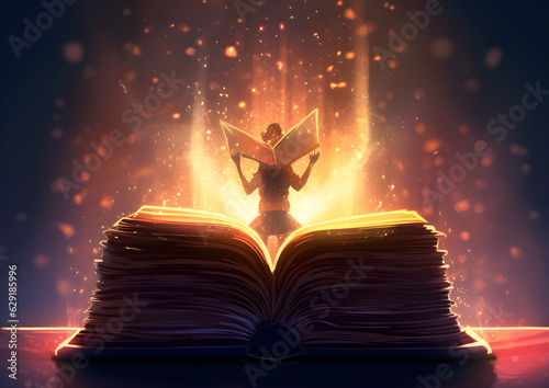 realistic style kid sitting with back from camera in front in middle of big enormous open book and magic light rising from book generative ai