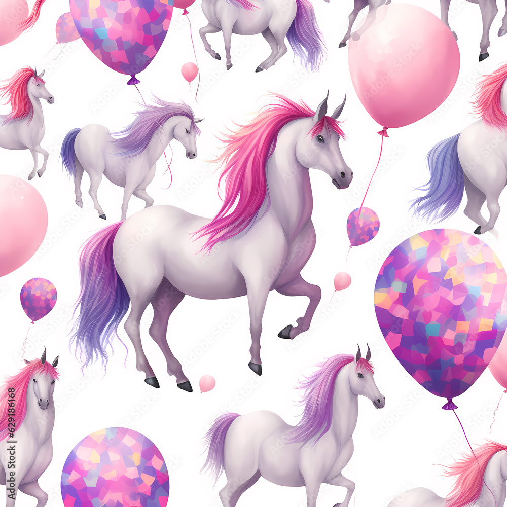 Fototapeta premium pattern samples repetitive cute owls, teddy bear, stars, moon,pink unicorn, balloons and soap bubbles,isolated generative ai