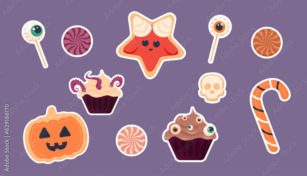 Clipart stickers, Halloween candy, cooky, pumpkin, satan, bat, spider web